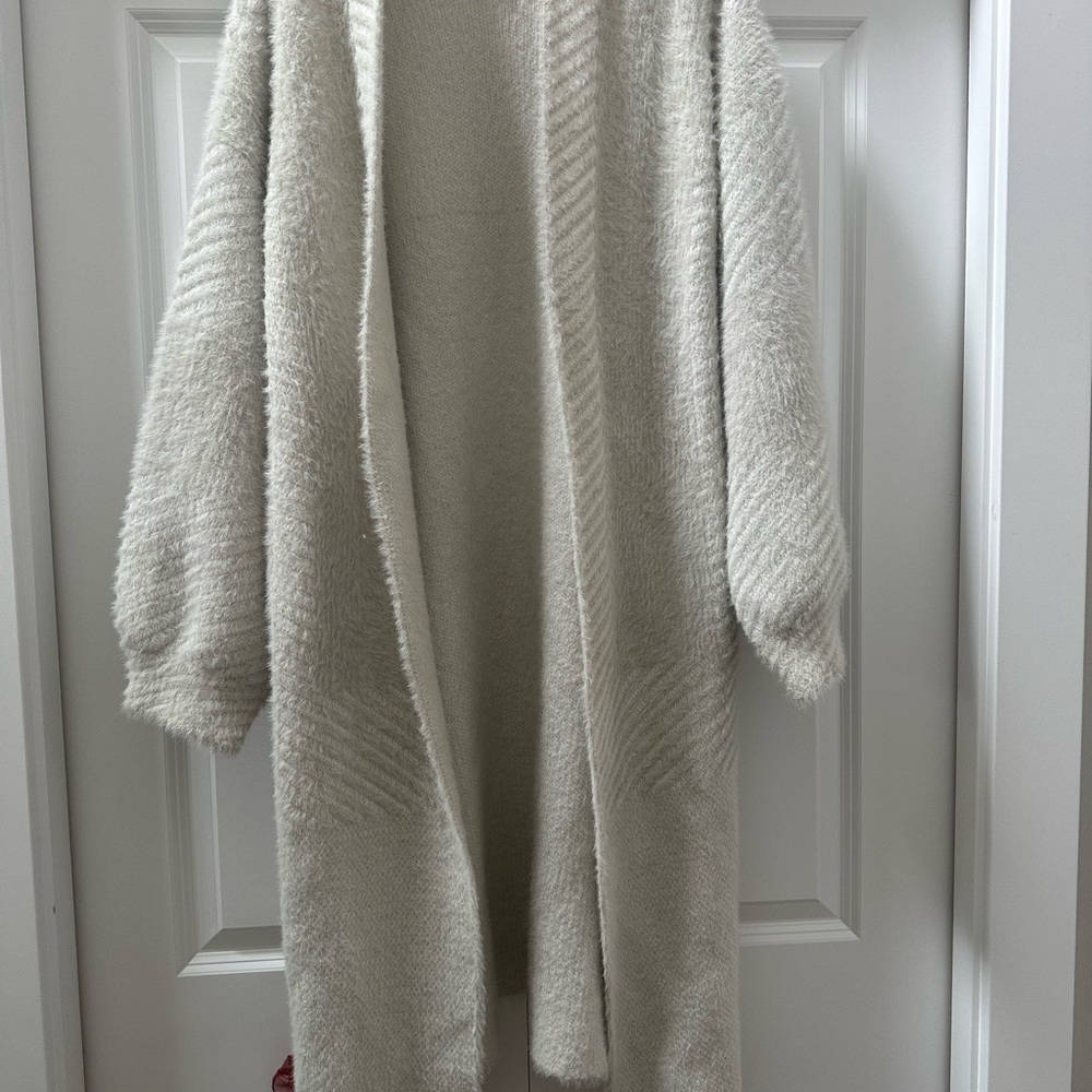 White/Grey Fuzzy Knit Cardigan Sweater
